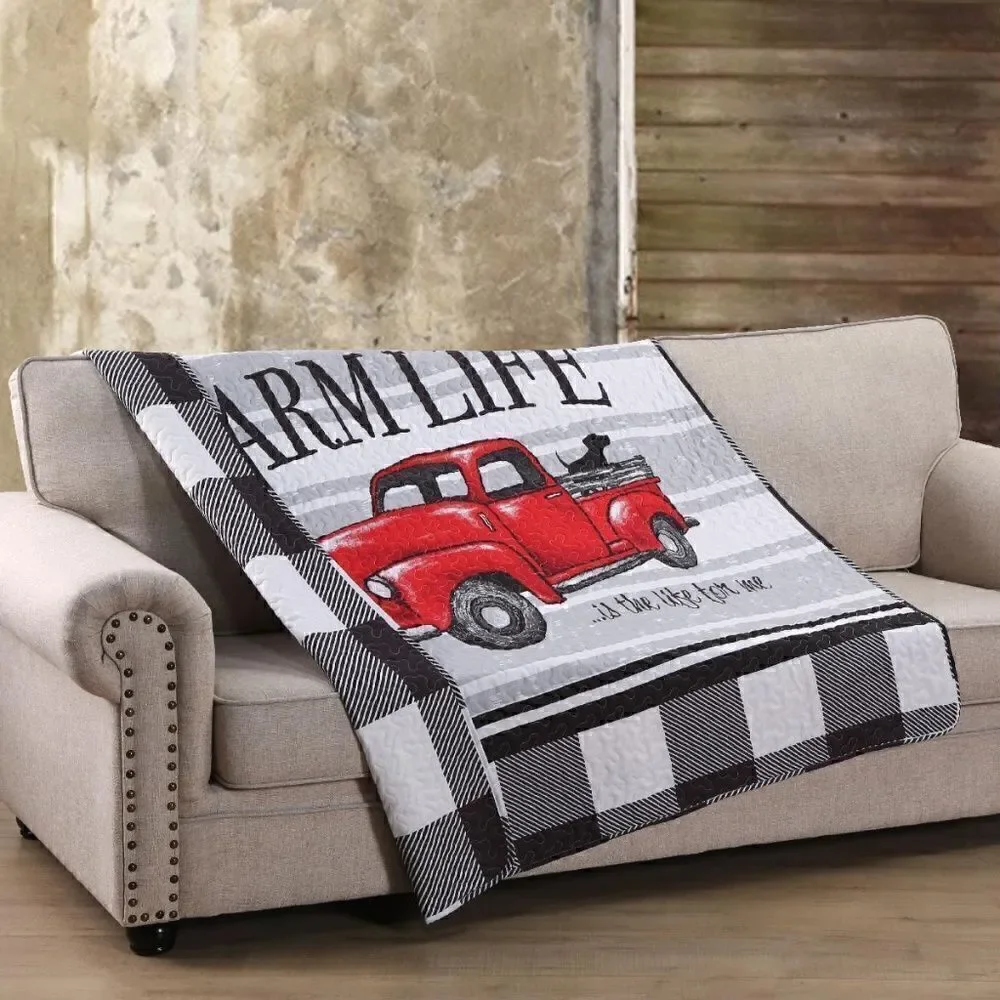NEW! Farmhouse Vintage Red Truck Quilted Throw Blanket Farm Life Country Lodge